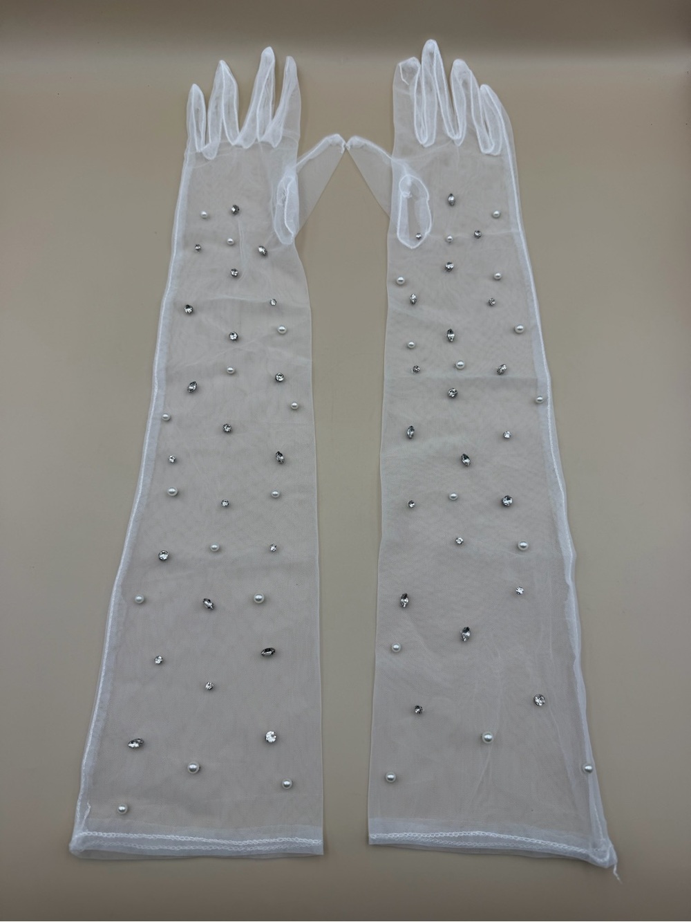 White Pearl & Rhinestone Long Bridal Gloves